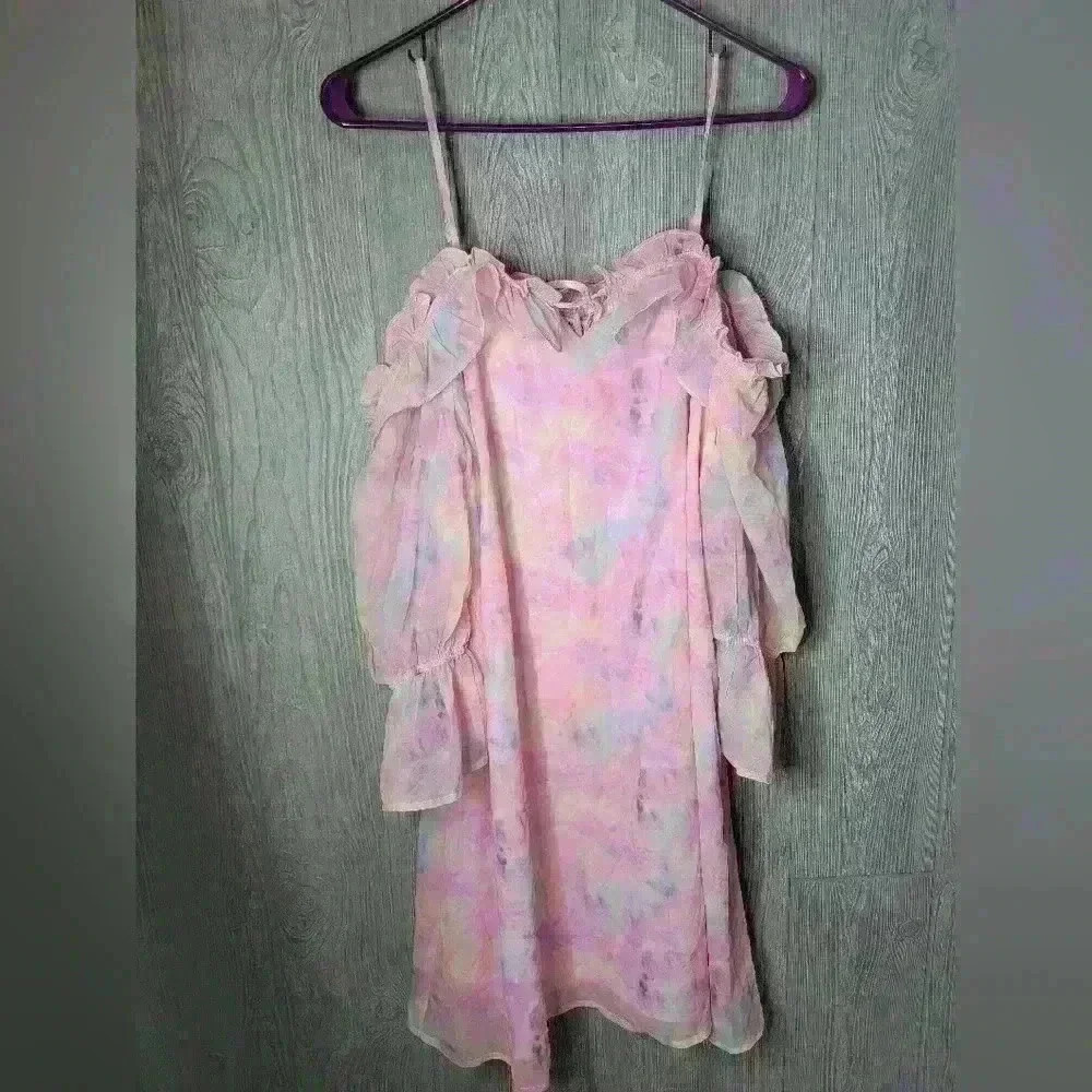 NWT Andre by Unit pastel tye-dyed off the shoulder lined dress in size Large.